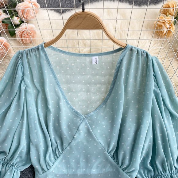 Sexy Polka Dot Chiffon Elegant Flare Sleeve Short Tops And Skirt - Picture 9 of 9